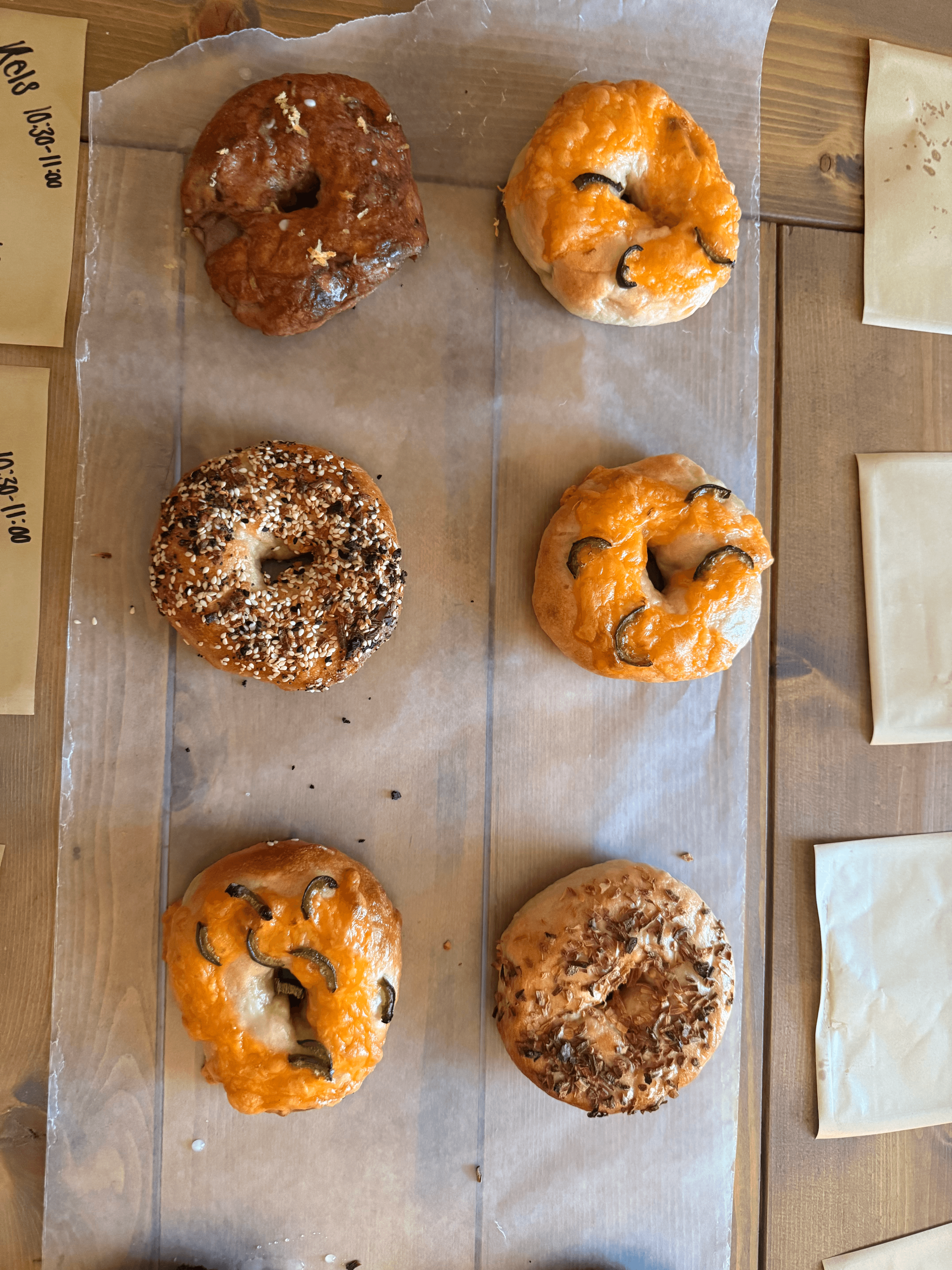 Assorted fresh bagels close up